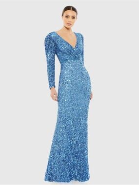 Mac Duggal Blue Sequin puff sleeve Long Sleeve Gown - size 16